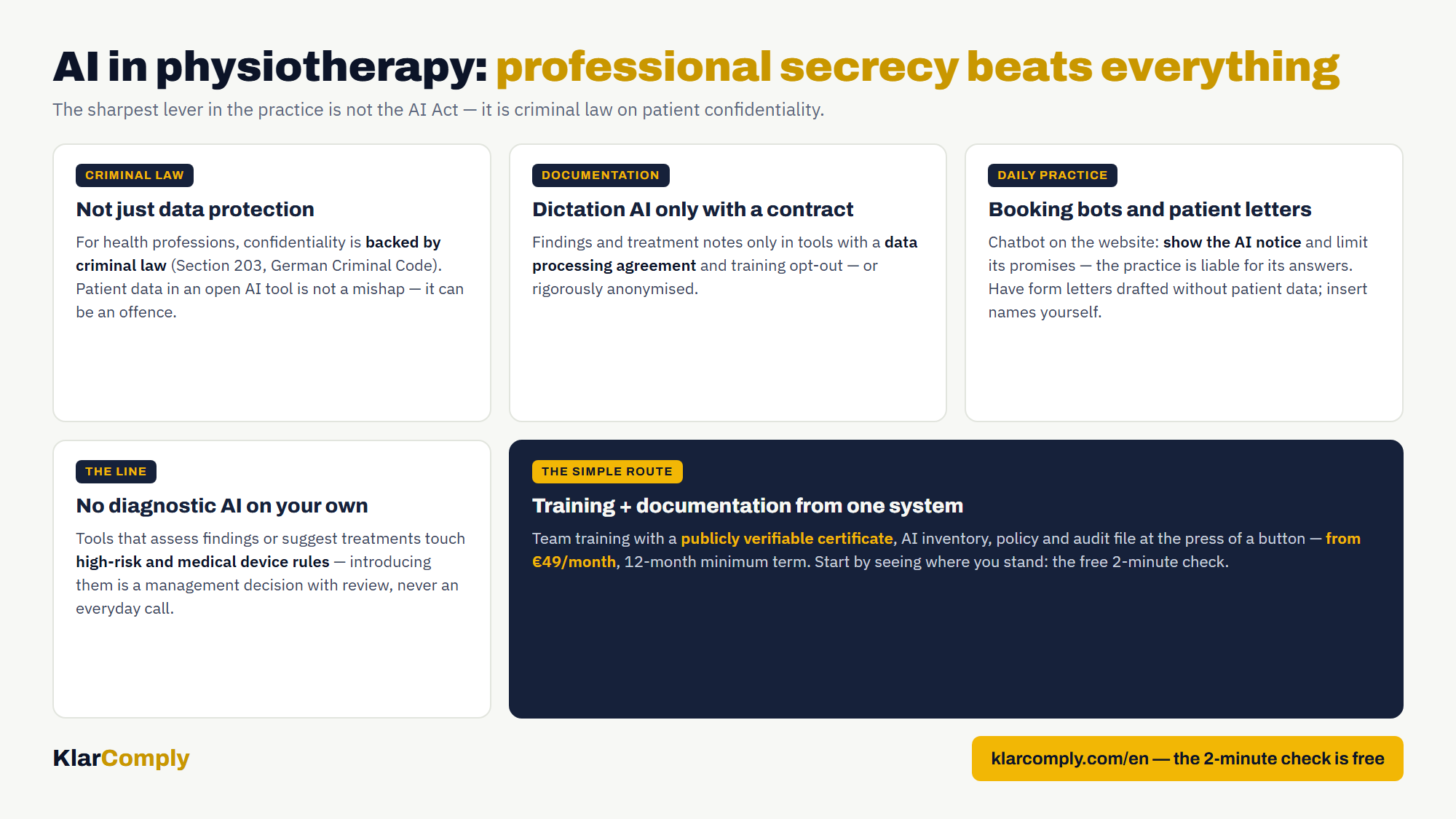 Infographic: AI in physiotherapy: professional secrecy beats everything — The sharpest lever in the practice is not the AI Act — it is criminal law on patient confidentiality.